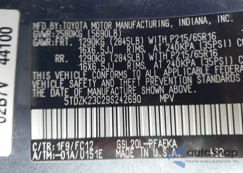 2009 Toyota Sienna Le из США, поврежденный, VIN 5TDZK23C29S242690